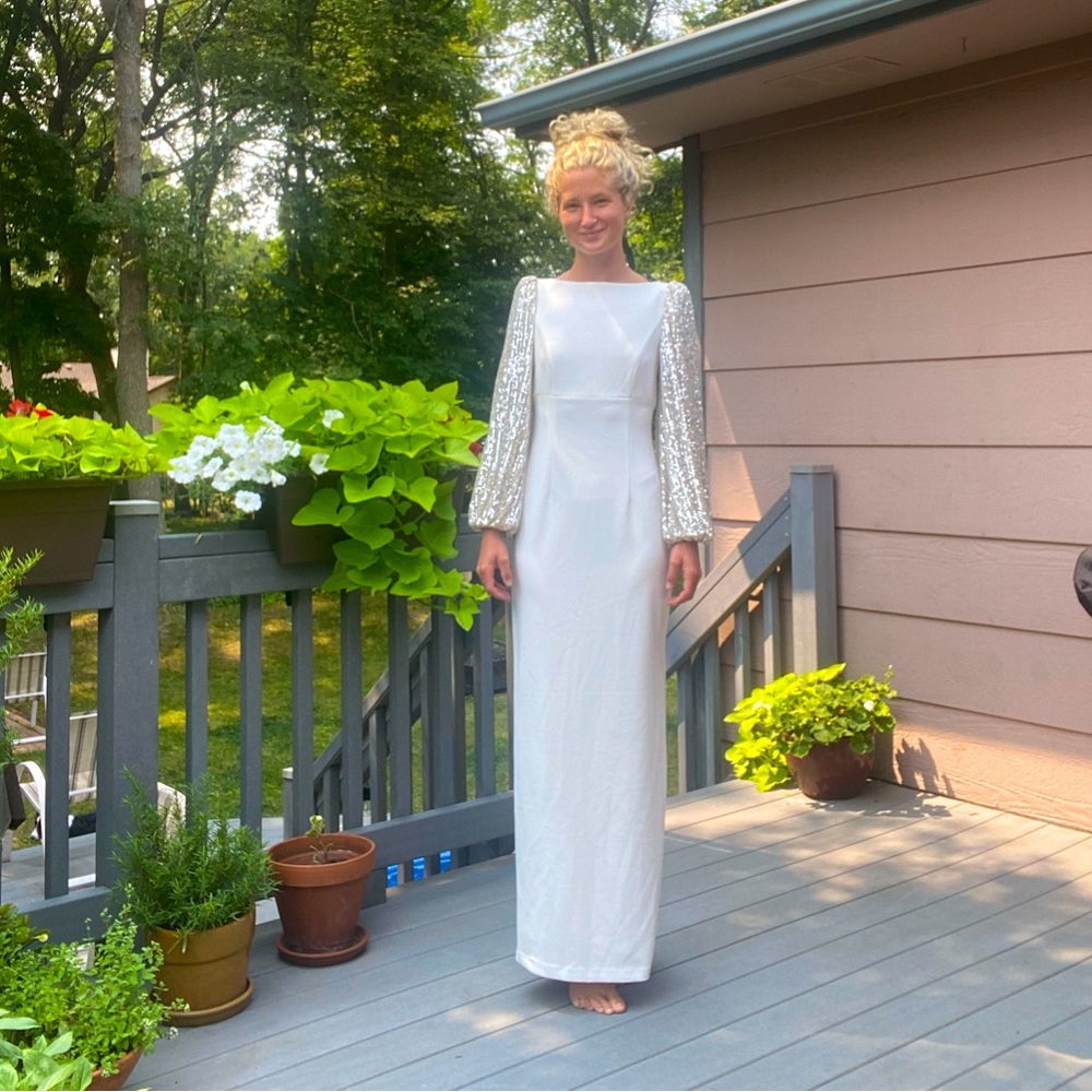 Eliza J Crepe V-Back Gown Sequin Long Balloon Sleeves White Slit Dress